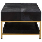 Black Hair-On-Hide Leather Coffee Table with Gold Metal Frame and Storage Drawer, Kensington Townhouse