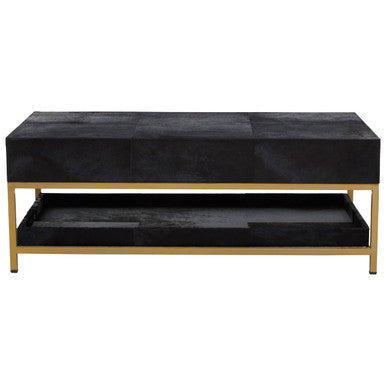 Black Hair-On-Hide Leather Coffee Table with Gold Metal Frame and Storage Drawer, Kensington Townhouse
