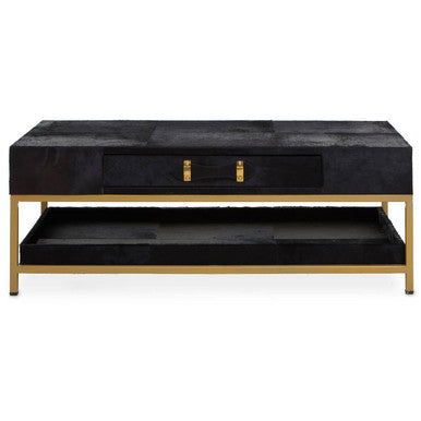Black Hair-On-Hide Leather Coffee Table with Gold Metal Frame and Storage Drawer, Kensington Townhouse