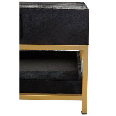 Black Hair-On-Hide Leather Coffee Table with Gold Metal Frame and Storage Drawer, Kensington Townhouse