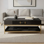 Black Hair-On-Hide Leather Coffee Table with Gold Metal Frame and Storage Drawer, Kensington Townhouse