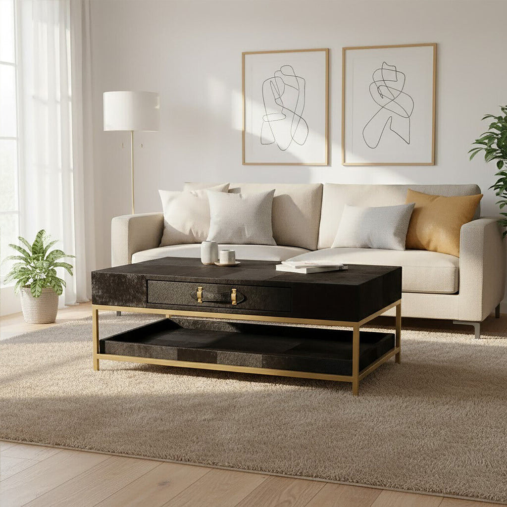 Black Hair-On-Hide Leather Coffee Table with Gold Metal Frame and Storage Drawer, Kensington Townhouse