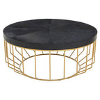 Black Hair-On-Hide Leather Round Top Coffee Table with Geometric Gold Metal Frame, Kensington Townhouse