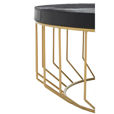 Black Hair-On-Hide Leather Round Top Coffee Table with Geometric Gold Metal Frame, Kensington Townhouse