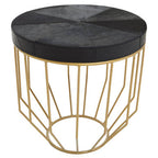 Black Hair-On-Hide Leather Round Top Side Table with Geometric Gold Metal Frame, Kensington Townhouse