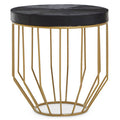 Black Hair-On-Hide Leather Round Top Side Table with Geometric Gold Metal Frame, Kensington Townhouse