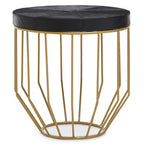 Black Hair-On-Hide Leather Round Top Side Table with Geometric Gold Metal Frame, Kensington Townhouse