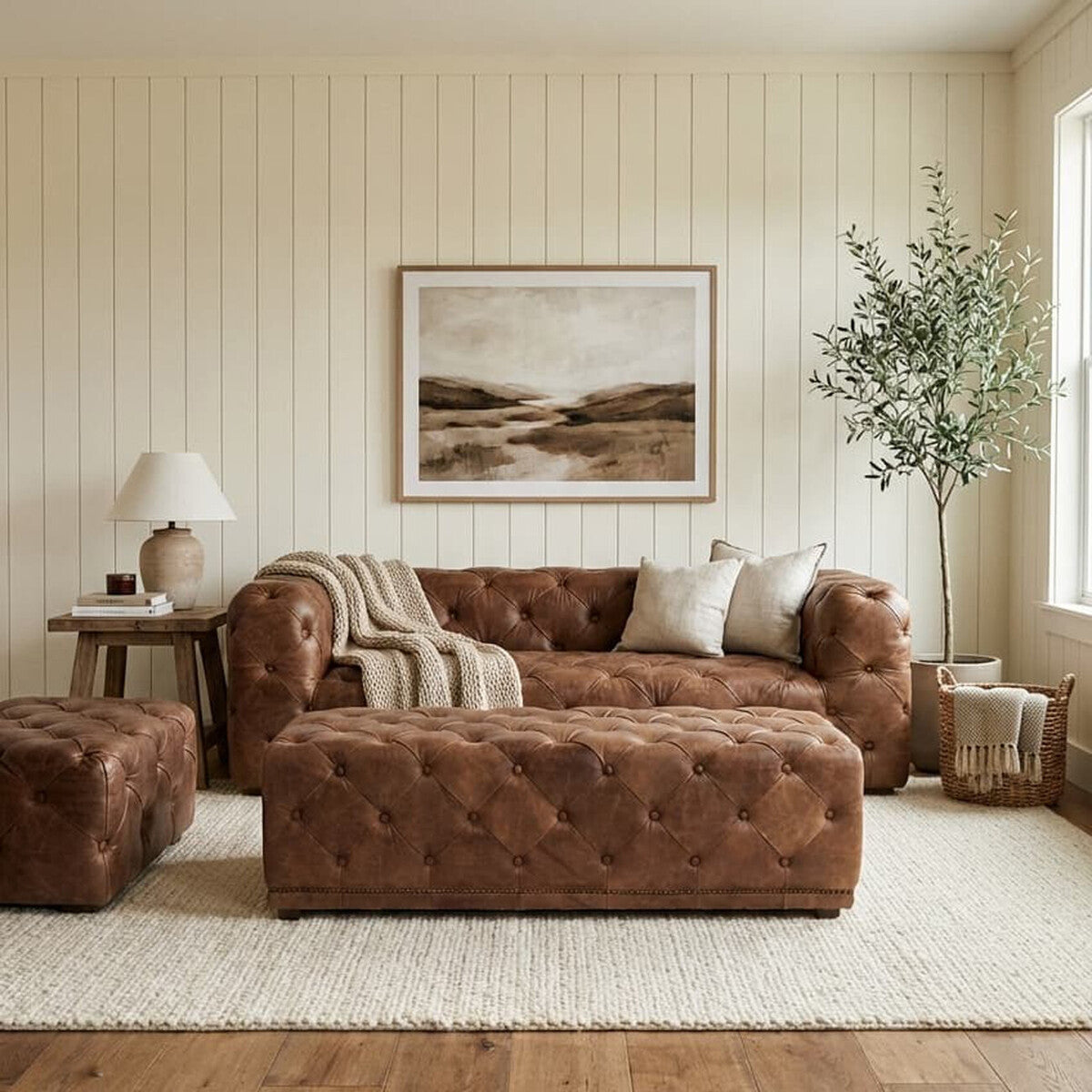 Brown Leather Rectangle Chesterfield Ottoman | Hoxton