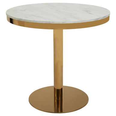 White Marble Round Top Dining Table with Luxe Gold Finish Pedestal Base | Azalea