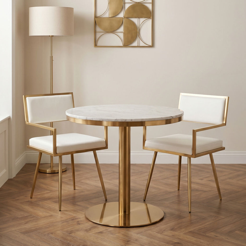 White Marble Round Top Dining Table with Luxe Gold Finish Pedestal Base | Azalea