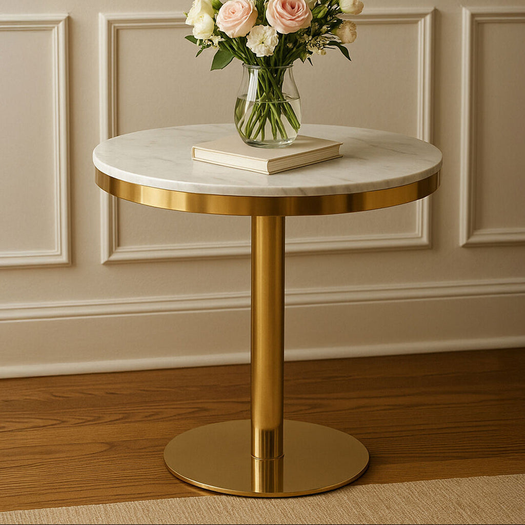 White Marble Round Top Dining Table with Luxe Gold Finish Pedestal Base | Azalea