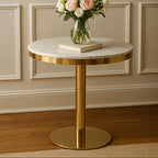 White Marble Round Top Dining Table with Luxe Gold Finish Pedestal Base | Azalea