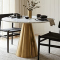 White Marble Top Round Dining Table with Gold Finish Conical Base | Azalea