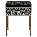 Black Wood Inlay 1-Drawer Side Table with Floral Handle and Gold Metal Finish Base | Fusion