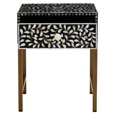 Black Wood Inlay 1-Drawer Side Table with Floral Handle and Gold Metal Finish Base | Fusion