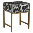 Black Wood Inlay 1-Drawer Side Table with Floral Handle and Gold Metal Finish Base | Fusion