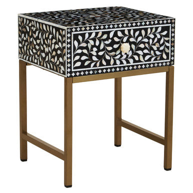 Black Wood Inlay 1-Drawer Side Table with Floral Handle and Gold Metal Finish Base | Fusion