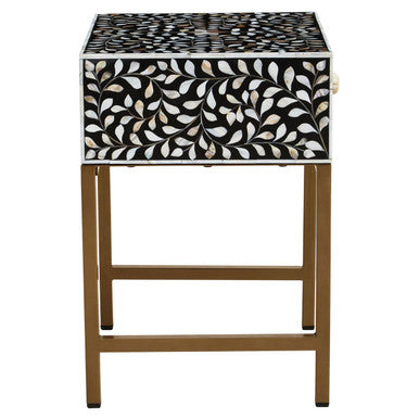 Black Wood Inlay 1-Drawer Side Table with Floral Handle and Gold Metal Finish Base | Fusion