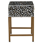 Black Wood Inlay 1-Drawer Side Table with Floral Handle and Gold Metal Finish Base | Fusion