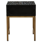 Black Wood Inlay 1-Drawer Side Table with Floral Handle and Gold Metal Finish Base | Fusion