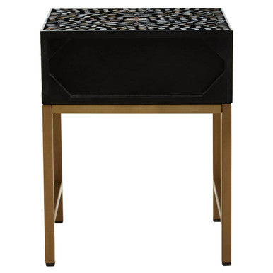 Black Wood Inlay 1-Drawer Side Table with Floral Handle and Gold Metal Finish Base | Fusion