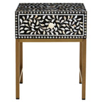 Black Wood Inlay 1-Drawer Side Table with Floral Handle and Gold Metal Finish Base | Fusion