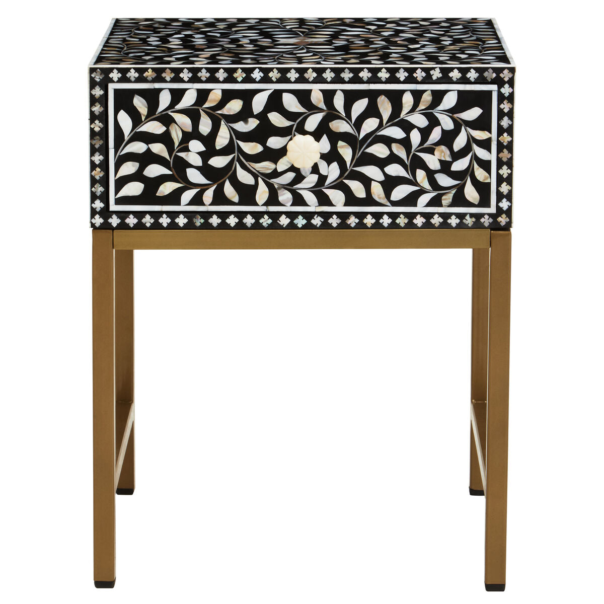 Black Wood Inlay 1-Drawer Side Table with Floral Handle and Gold Metal Finish Base | Fusion