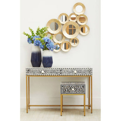 Black Wood Inlay 1-Drawer Side Table with Floral Handle and Gold Metal Finish Base | Fusion