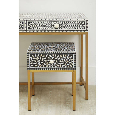 Black Wood Inlay 1-Drawer Side Table with Floral Handle and Gold Metal Finish Base | Fusion