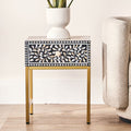 Black Wood Inlay 1-Drawer Side Table with Floral Handle and Gold Metal Finish Base | Fusion