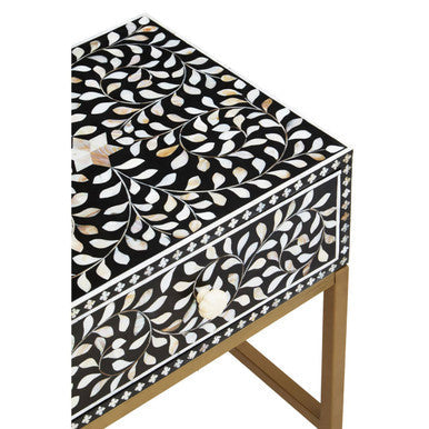 Black Wood Inlay 1-Drawer Side Table with Floral Handle and Gold Metal Finish Base | Fusion