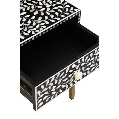 Black Wood Inlay 1-Drawer Side Table with Floral Handle and Gold Metal Finish Base | Fusion