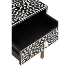 Black Wood Inlay 1-Drawer Side Table with Floral Handle and Gold Metal Finish Base | Fusion