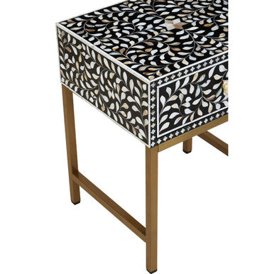 Black Wood Inlay 1-Drawer Side Table with Floral Handle and Gold Metal Finish Base | Fusion
