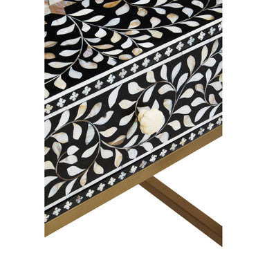 Black Wood Inlay 1-Drawer Side Table with Floral Handle and Gold Metal Finish Base | Fusion