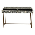 Black and White Floral Bone Inlay Console Table with 2 Storage Drawers and Gold Metal Base | Fusion