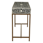 Black and White Floral Bone Inlay Console Table with 2 Storage Drawers and Gold Metal Base | Fusion