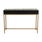 Black and White Floral Bone Inlay Console Table with 2 Storage Drawers and Gold Metal Base | Fusion
