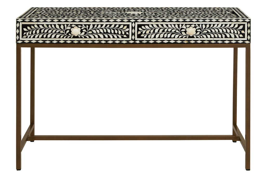 Black and White Floral Bone Inlay Console Table with 2 Storage Drawers and Gold Metal Base | Fusion