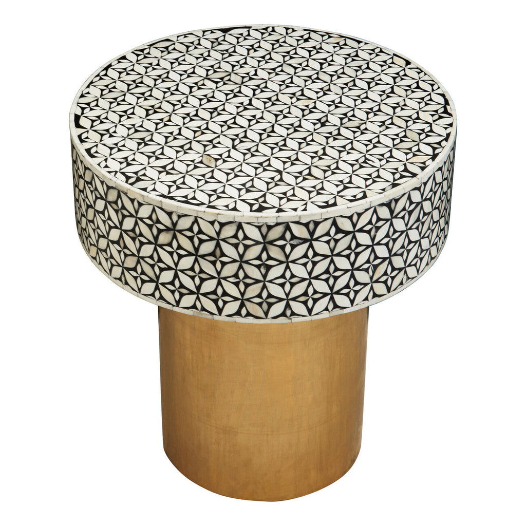 Black Wood Round Side Table with White Bone Inlay Floral Design and Gold Metal Base | Fusion
