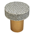 Black Wood Round Side Table with White Bone Inlay Floral Design and Gold Metal Base | Fusion