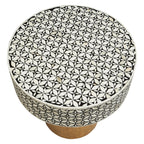 Black Wood Round Side Table with White Bone Inlay Floral Design and Gold Metal Base | Fusion