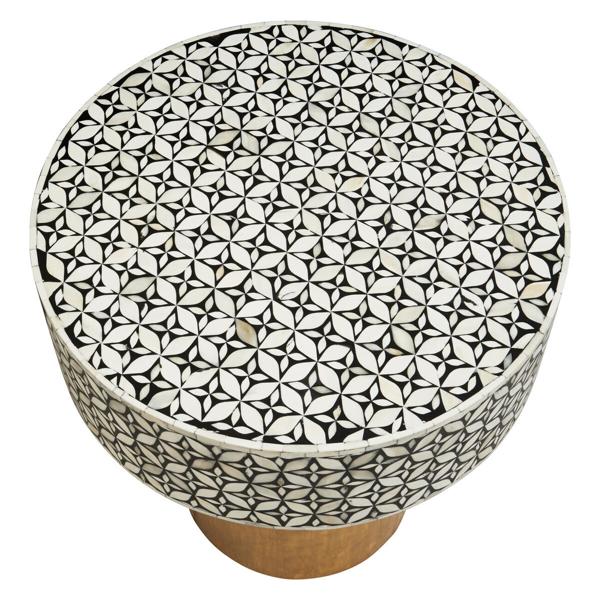 Black Wood Round Side Table with White Bone Inlay Floral Design and Gold Metal Base | Fusion