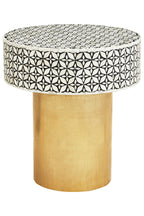 Black Wood Round Side Table with White Bone Inlay Floral Design and Gold Metal Base | Fusion