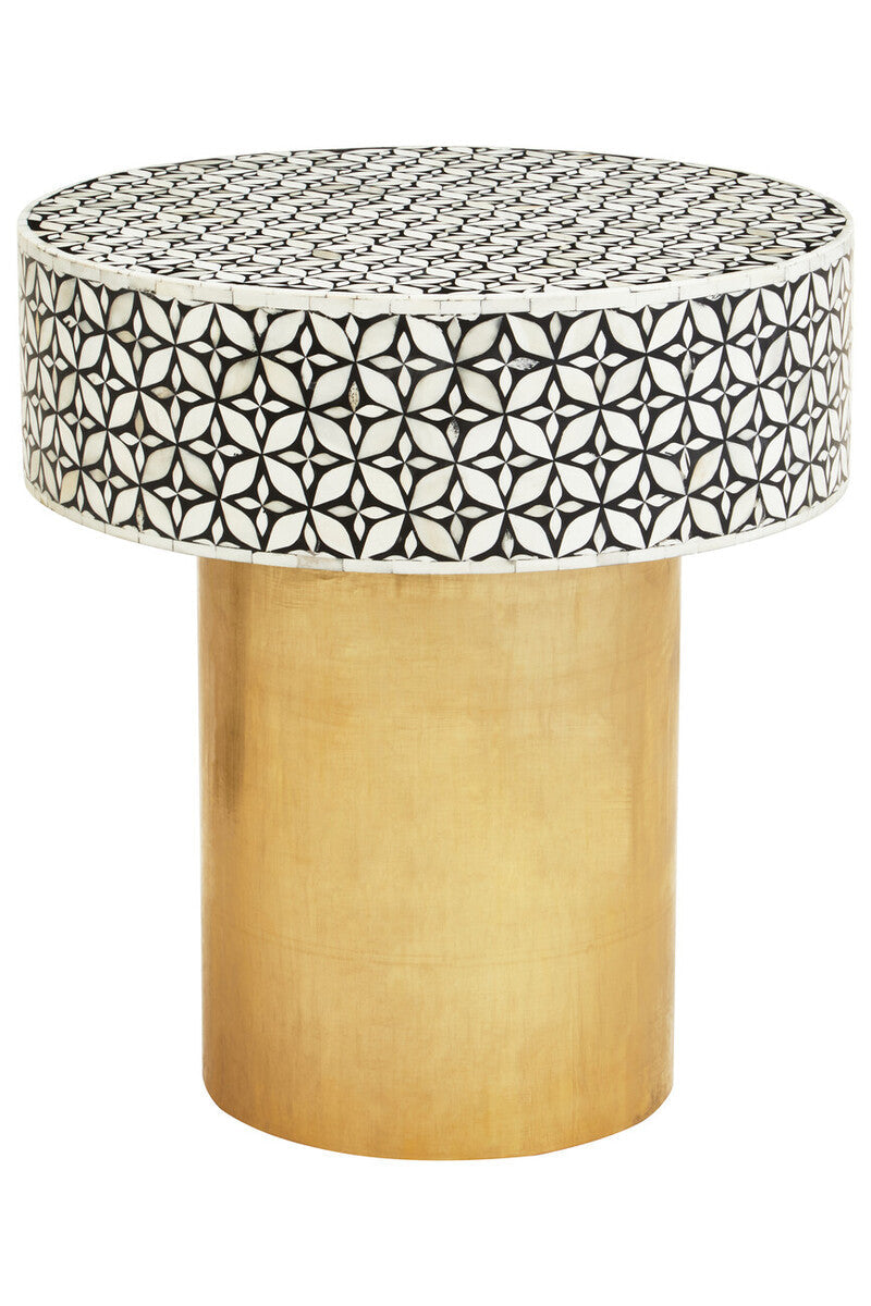 Black Wood Round Side Table with White Bone Inlay Floral Design and Gold Metal Base | Fusion
