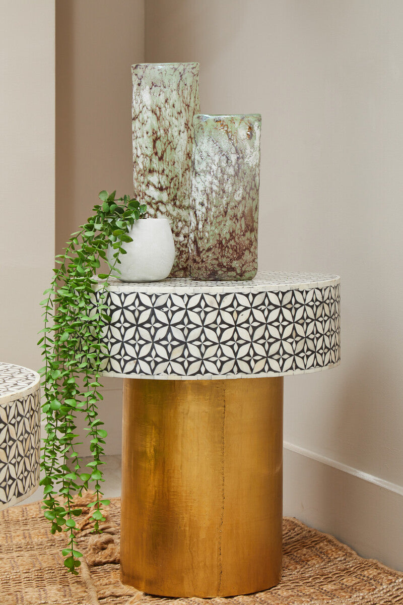 Black Wood Round Side Table with White Bone Inlay Floral Design and Gold Metal Base | Fusion