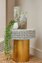 Black Wood Round Side Table with White Bone Inlay Floral Design and Gold Metal Base | Fusion