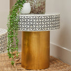 Black Wood Round Side Table with White Bone Inlay Floral Design and Gold Metal Base | Fusion