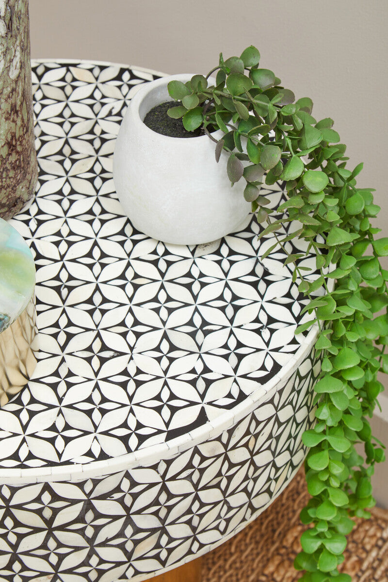 Black Wood Round Side Table with White Bone Inlay Floral Design and Gold Metal Base | Fusion