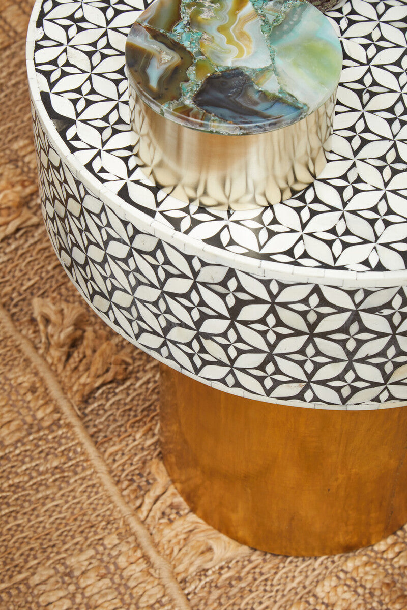 Black Wood Round Side Table with White Bone Inlay Floral Design and Gold Metal Base | Fusion